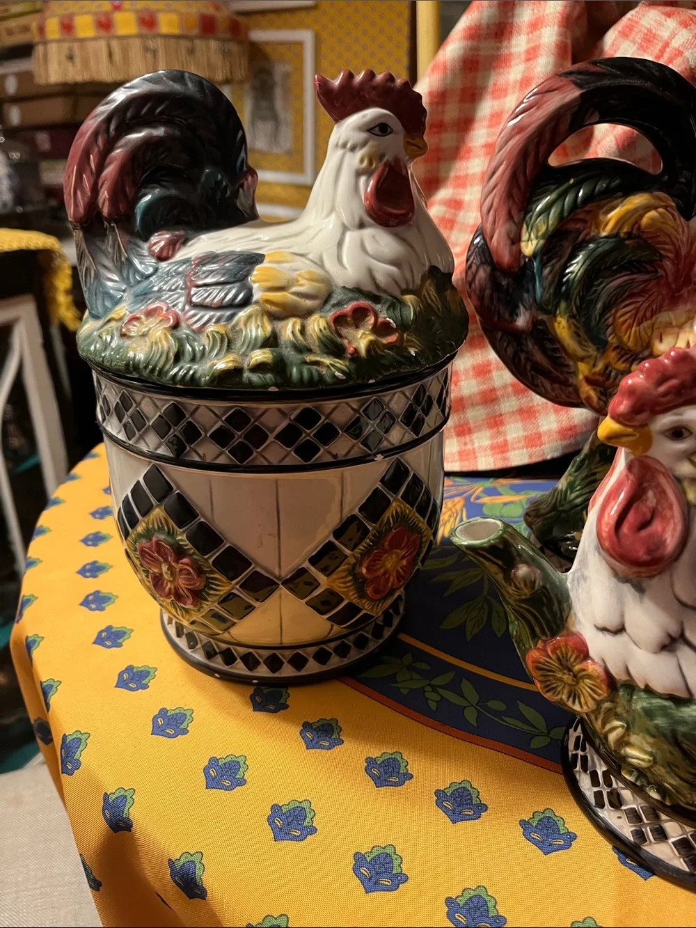 French Country 4 piece Ceramic rooster and hens figurines teapot and cracker jar